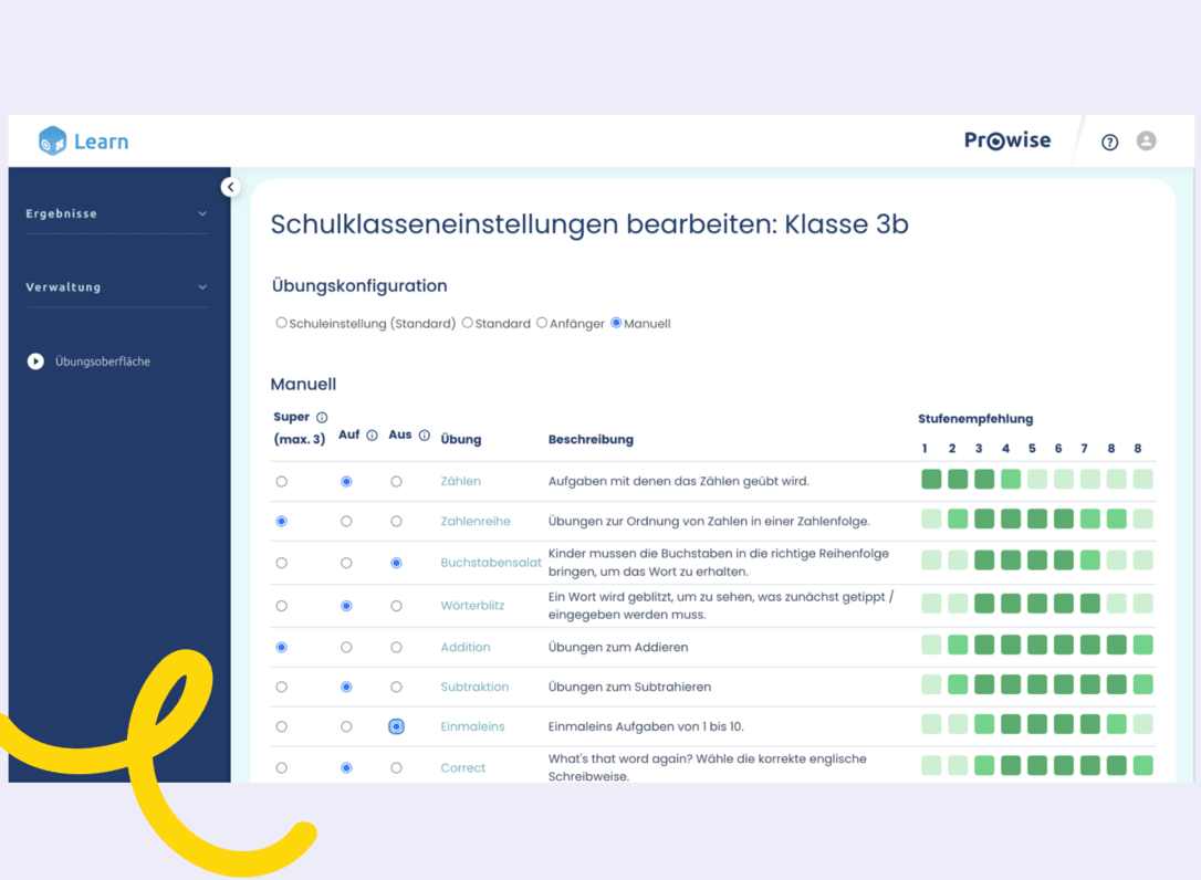 Die Übungseinstellungen von Prowise Learn